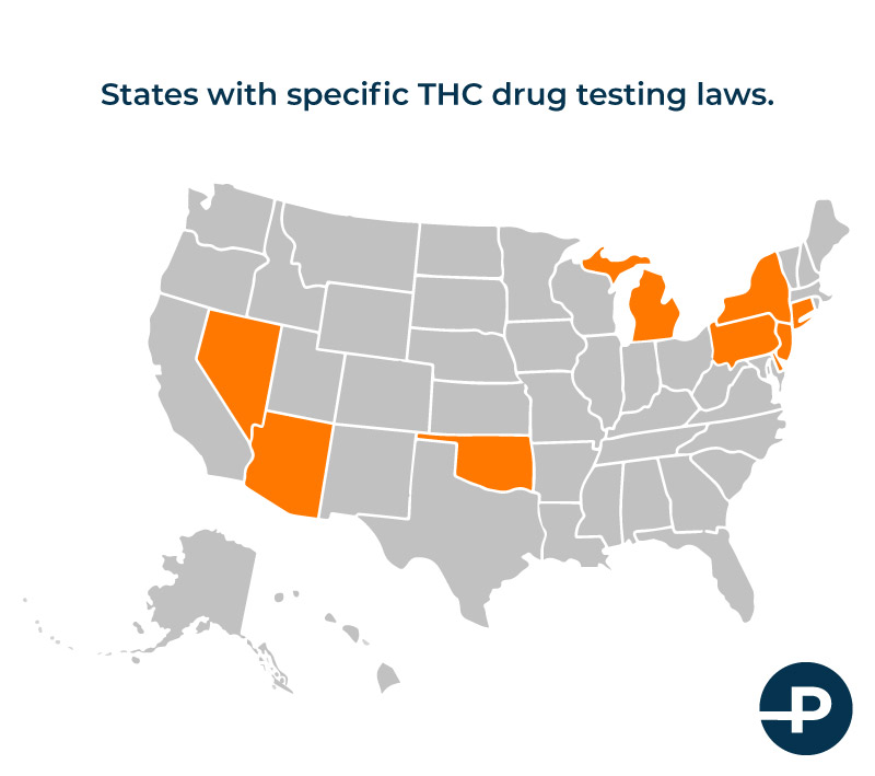 Graph showing which states currently have laws regarding drug testing for THC