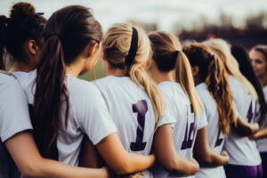 Youth female soccer players standing in line.