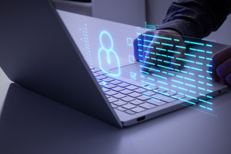 Man typing on computer with AI-generated job candidate profile overlaying the image